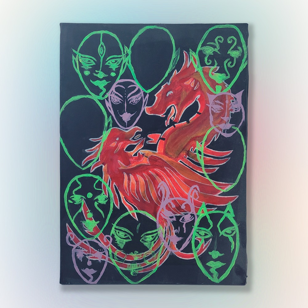 Phoneix Dragon Aliens Heads tablosu, renkli düz zeminde